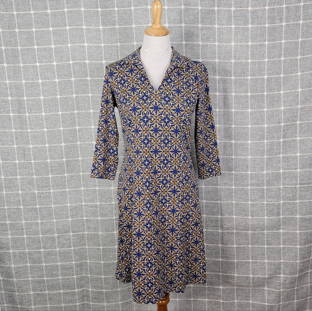 J. McLaughlin Navy and Gold Geometric Dress